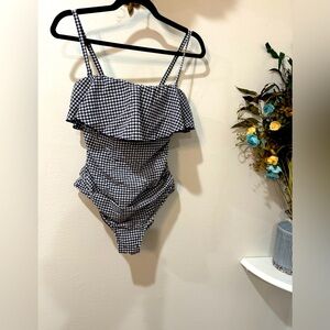 Kona Sol Navy and White Checkered Ruffled Neckline Swimsuit size Large